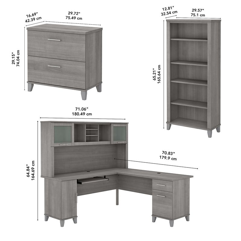 Bush Furniture Somerset 72W LShaped Desk With Hutch Lateral File Cabinet And Bookcase Platinum Gray Standard Delivery