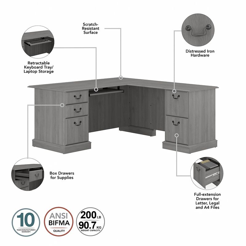 Bush Business Furniture Saratoga 66W LShaped Corner Desk With File Cabinet And Bookcase Set Modern Gray Standard Delivery