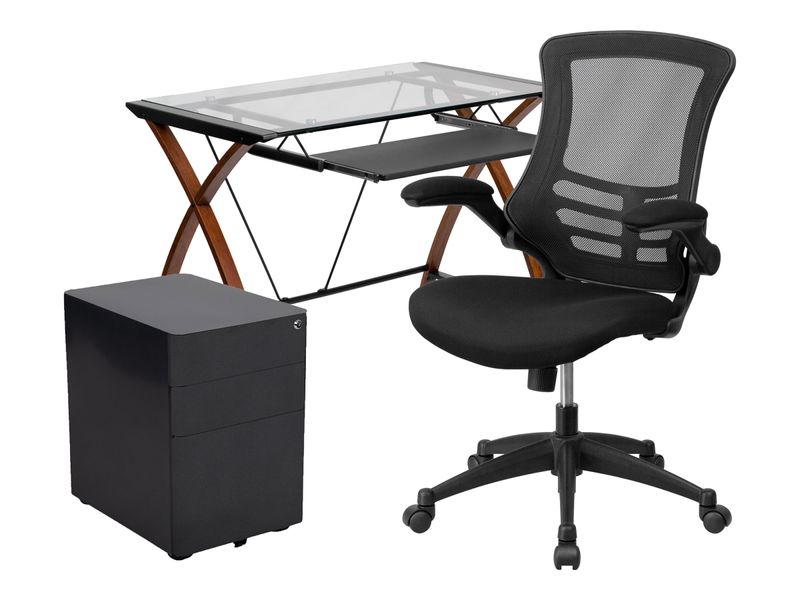 Flash Furniture Work From Home Desk And Chair Set With Glass Desk Ergonomic Mesh Office Chair And Filing Cabinet Black BLNNAN28CHPX5BK
