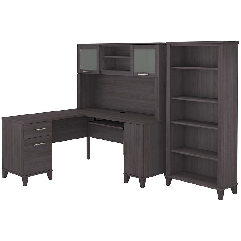 Bush Business Furniture Somerset 60W LShaped Corner Desk With Hutch And 5Shelf Bookcase Storm Gray Standard Delivery