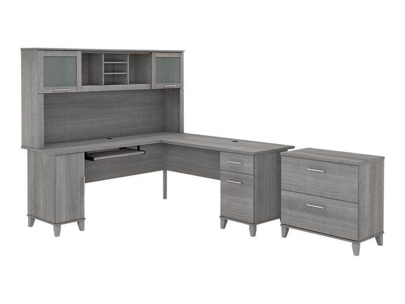 Bush Furniture Somerset 72W LShaped Desk With Hutch And Lateral File Cabinet Platinum Gray Standard Delivery