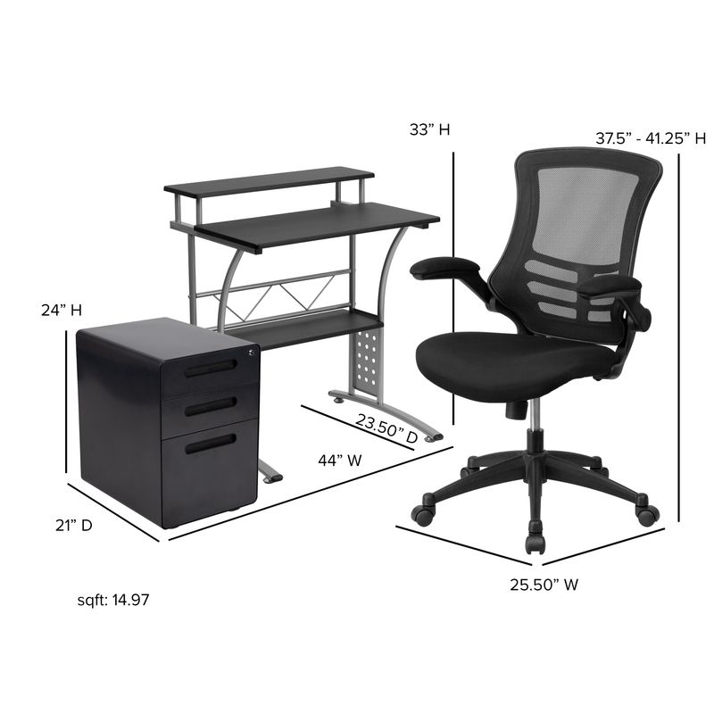 Flash Furniture Work From Home DeskChair Set With Computer Desk Ergonomic Mesh ChairMobile Filing Cabinet Black BLNCLIFAPPX5BK