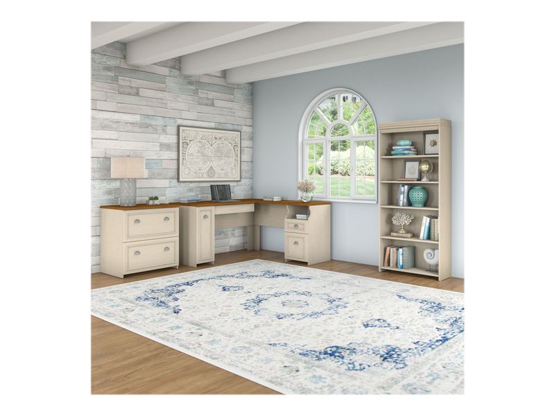 Bush Business Furniture Fairview 60W LShaped Corner Desk With Lateral File Cabinet And 5Shelf Bookcase Antique White Standard Delivery