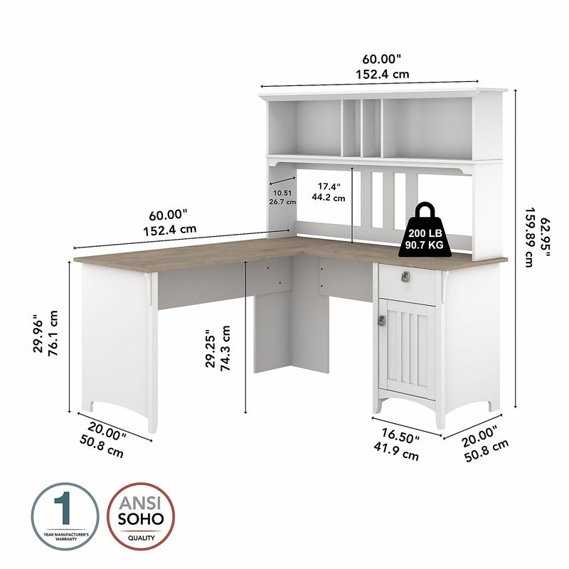Bush Furniture Salinas 60W LShaped Desk With Hutch Shiplap GrayPure White Standard Delivery