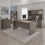 Bestar Logan UShaped Desk With Hutch Lateral File Cabinet And Bookcase Bark Gray