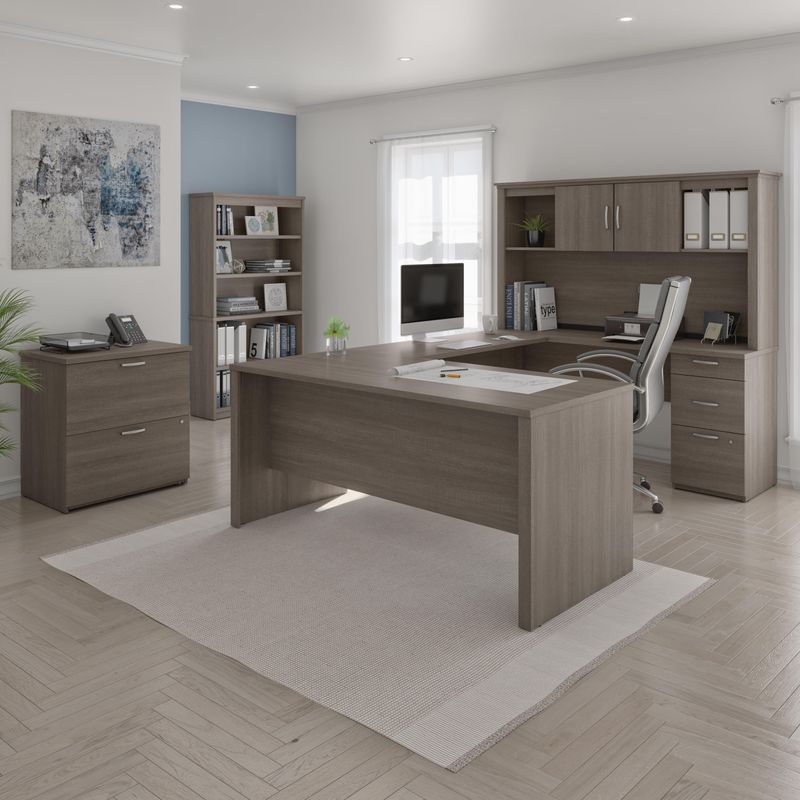 Bestar Logan UShaped Desk With Hutch Lateral File Cabinet And Bookcase Bark Gray