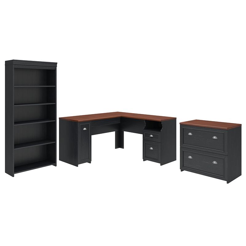 Bush Business Furniture Fairview 60W LShaped Corner Desk With Lateral File Cabinet And 5Shelf Bookcase Antique Black Standard Delivery
