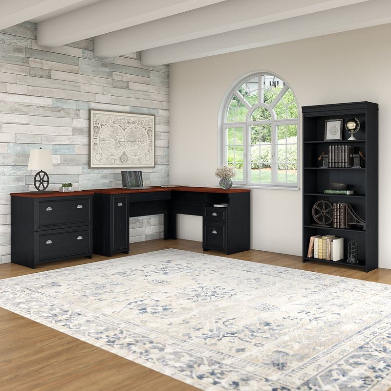 Bush Business Furniture Fairview 60W LShaped Corner Desk With Lateral File Cabinet And 5Shelf Bookcase Antique Black Standard Delivery