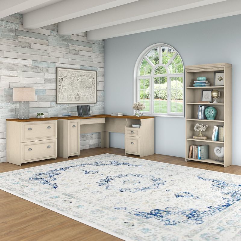 Bush Business Furniture Fairview 60W LShaped Corner Desk With Lateral File Cabinet And 5Shelf Bookcase Antique White Standard Delivery