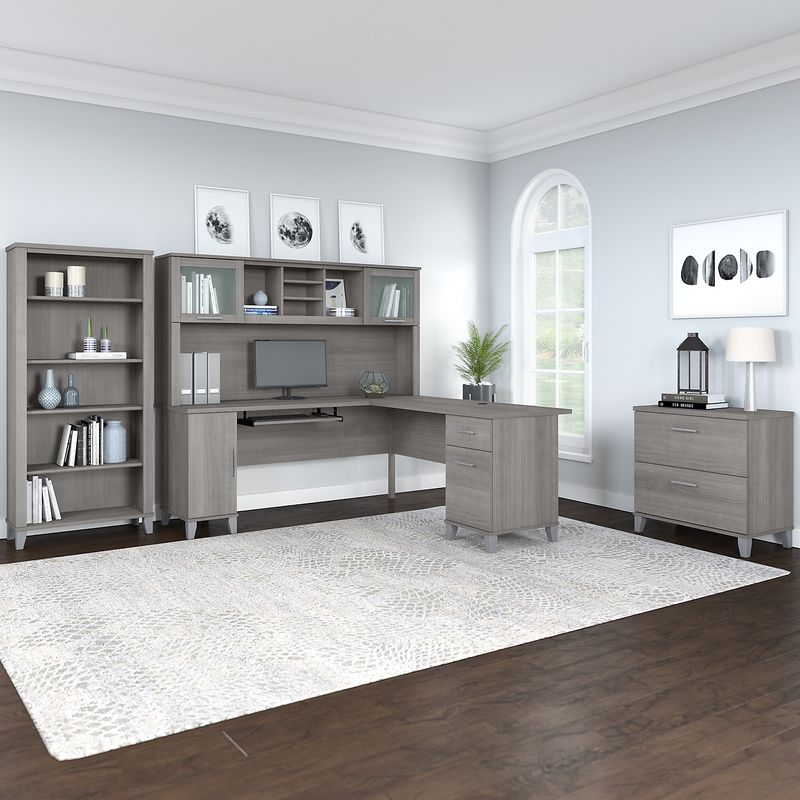 Bush Furniture Somerset 72W LShaped Desk With Hutch Lateral File Cabinet And Bookcase Platinum Gray Standard Delivery