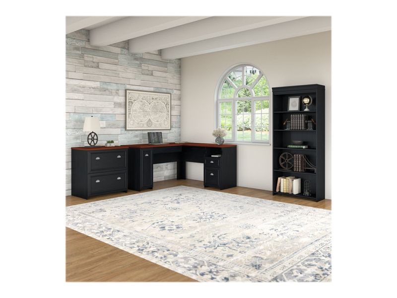 Bush Business Furniture Fairview 60W LShaped Corner Desk With Lateral File Cabinet And 5Shelf Bookcase Antique Black Standard Delivery