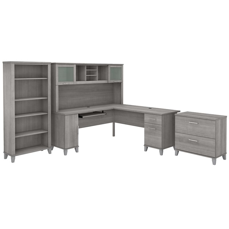 Bush Furniture Somerset 72W LShaped Desk With Hutch Lateral File Cabinet And Bookcase Platinum Gray Standard Delivery