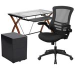 Flash Furniture Work From Home Desk And Chair Set With Glass Desk Ergonomic Mesh Office Chair And Filing Cabinet Black BLNNAN28CHPX5BK