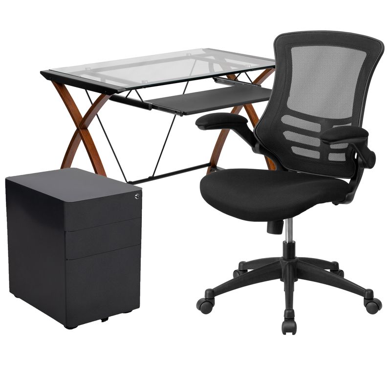 Flash Furniture Work From Home Desk And Chair Set With Glass Desk Ergonomic Mesh Office Chair And Filing Cabinet Black BLNNAN28CHPX5BK