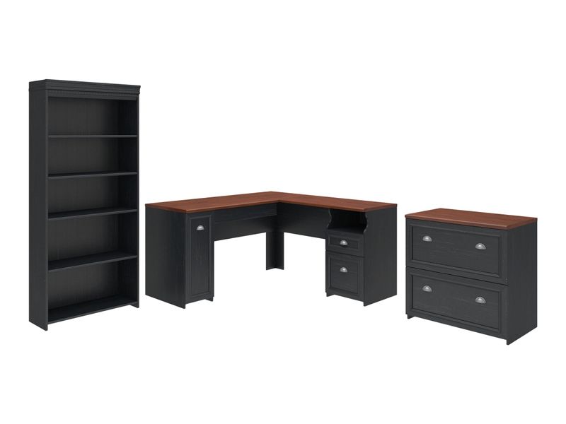 Bush Business Furniture Fairview 60W LShaped Corner Desk With Lateral File Cabinet And 5Shelf Bookcase Antique Black Standard Delivery