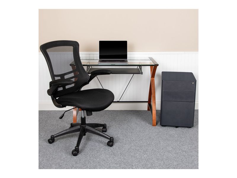 Flash Furniture Work From Home Desk And Chair Set With Glass Desk Ergonomic Mesh Office Chair And Filing Cabinet Black BLNNAN28CHPX5BK