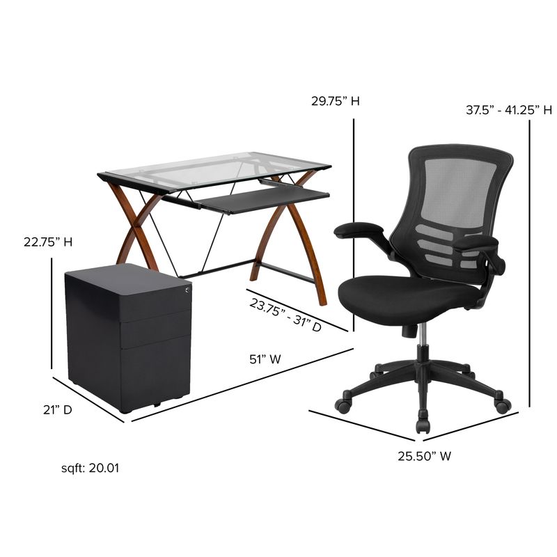 Flash Furniture Work From Home Desk And Chair Set With Glass Desk Ergonomic Mesh Office Chair And Filing Cabinet Black BLNNAN28CHPX5BK