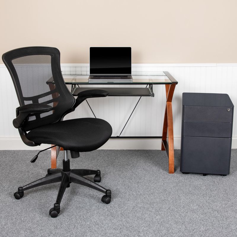 Flash Furniture Work From Home Desk And Chair Set With Glass Desk Ergonomic Mesh Office Chair And Filing Cabinet Black BLNNAN28CHPX5BK
