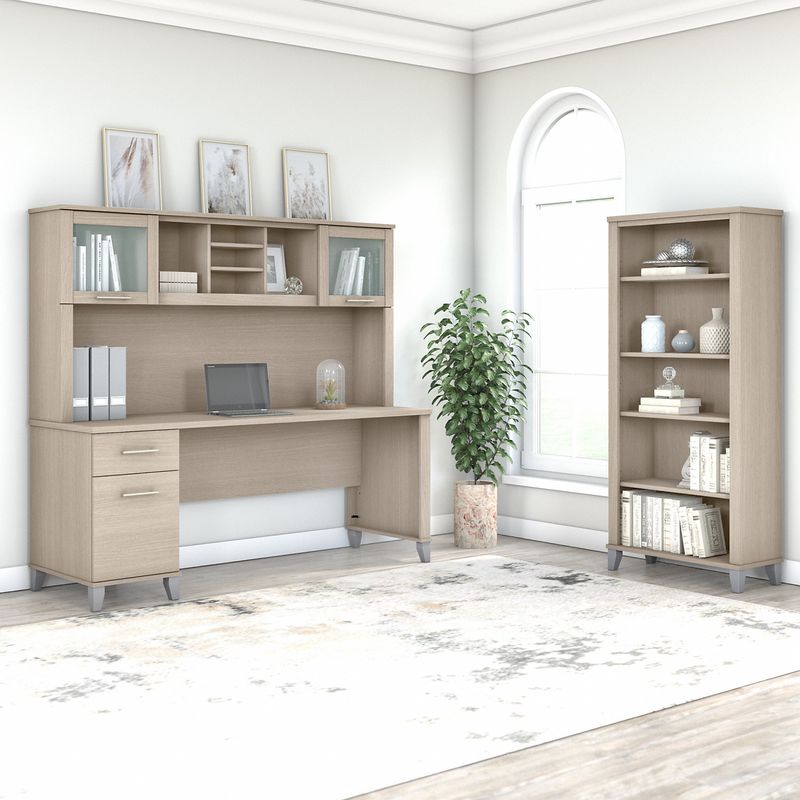 Bush Business Furniture Somerset 72W Office Computer Desk With Hutch And 5Shelf Bookcase Sand Oak Standard Delivery