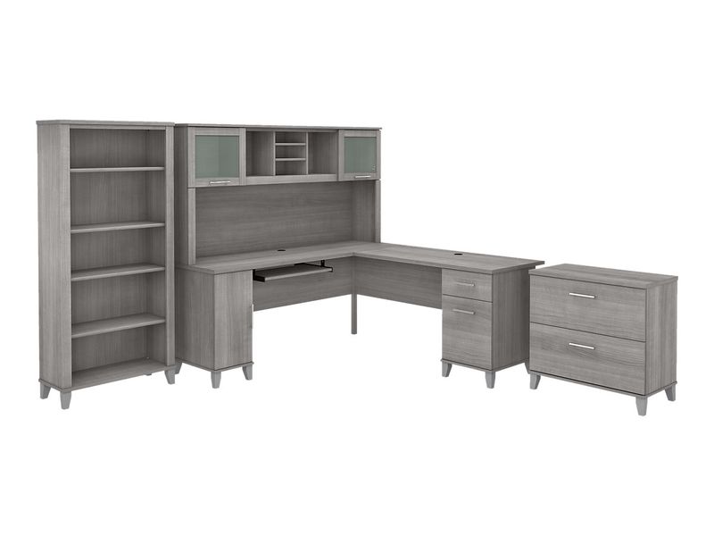 Bush Furniture Somerset 72W LShaped Desk With Hutch Lateral File Cabinet And Bookcase Platinum Gray Standard Delivery