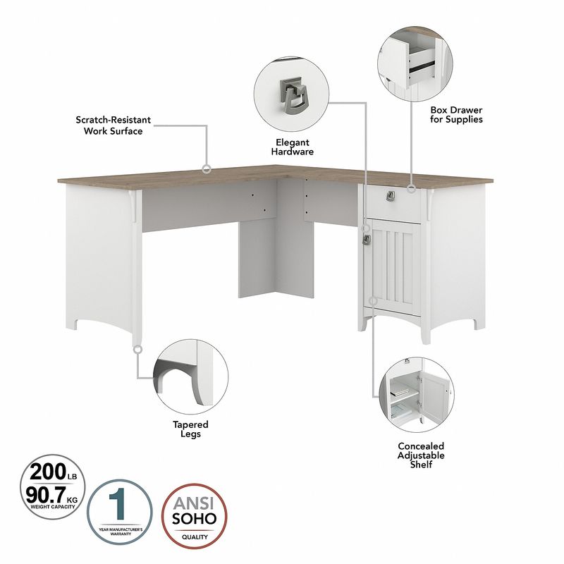 Bush Furniture Salinas 60W LShaped Desk With Hutch Shiplap GrayPure White Standard Delivery