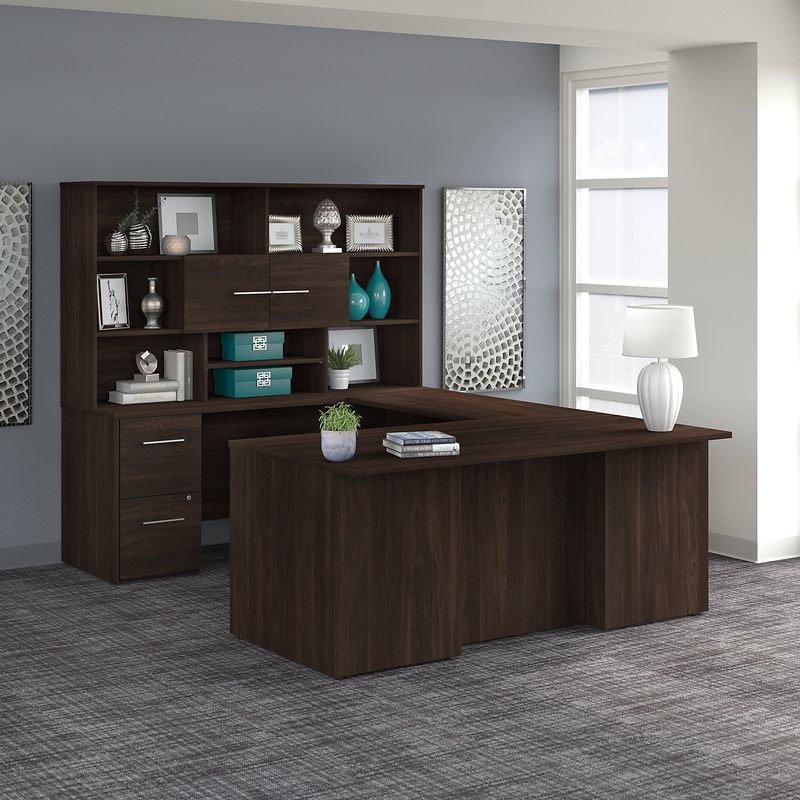 Bush Business Furniture Office 500 72W UShaped Executive Corner Desk With Drawers And Hutch Black Walnut Standard Delivery