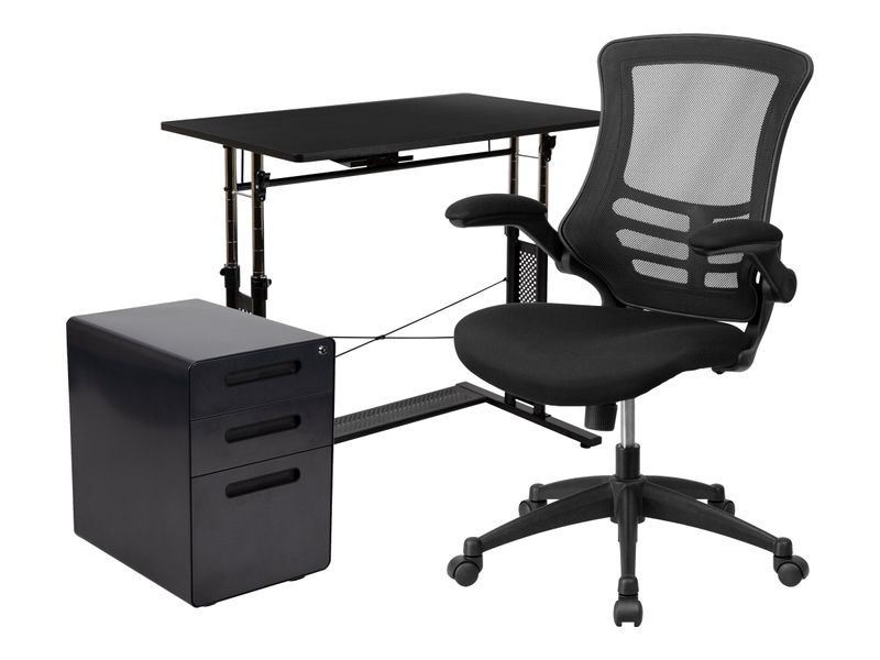 Flash Furniture Work From Home DeskChair Set With Adjustable Computer Desk Ergonomic Mesh ChairMobile Filing Cabinet Black BLNNAN21APX5LBK