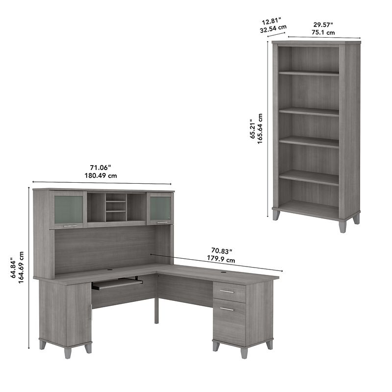 Bush Furniture 72W LShaped Desk With Hutch And 5Shelf Bookcase Platinum Gray Standard Delivery