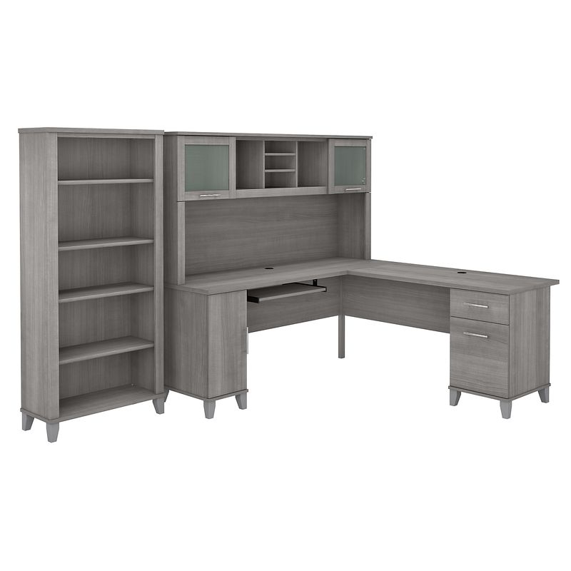 Bush Furniture 72W LShaped Desk With Hutch And 5Shelf Bookcase Platinum Gray Standard Delivery
