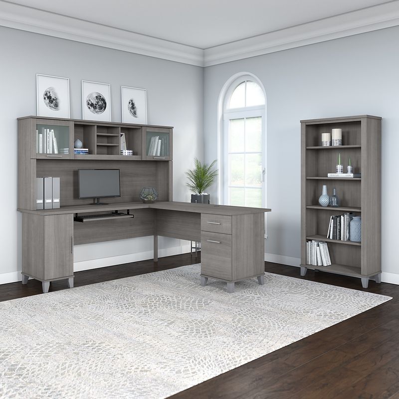 Bush Furniture 72W LShaped Desk With Hutch And 5Shelf Bookcase Platinum Gray Standard Delivery