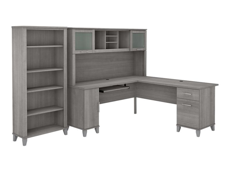 Bush Furniture 72W LShaped Desk With Hutch And 5Shelf Bookcase Platinum Gray Standard Delivery