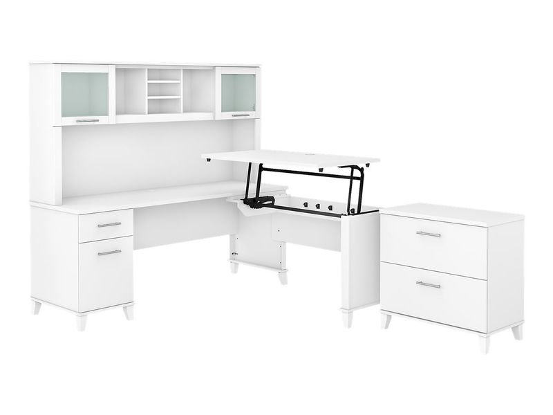 Bush Furniture Somerset 72W 3Position SitToStand LShaped Desk With Hutch And File Cabinet White Standard Delivery