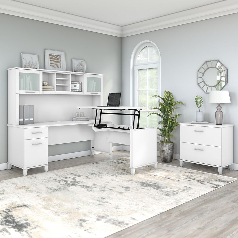 Bush Furniture Somerset 72W 3Position SitToStand LShaped Desk With Hutch And File Cabinet White Standard Delivery