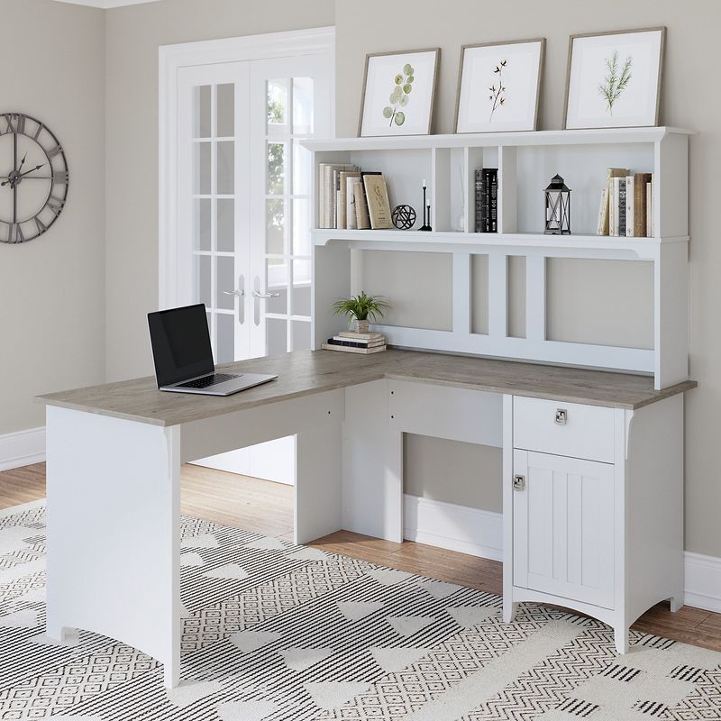 Bush Furniture Salinas 60W LShaped Desk With Hutch Shiplap GrayPure White Standard Delivery