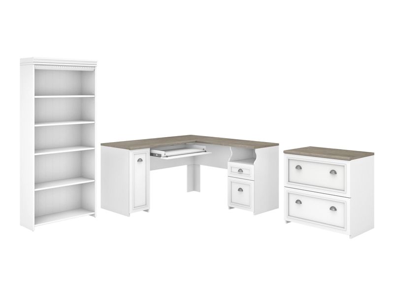 Bush Business Furniture Fairview 60W LShaped Corner Desk With Lateral File Cabinet And 5Shelf Bookcase Shiplap GrayPure White Standard Delivery