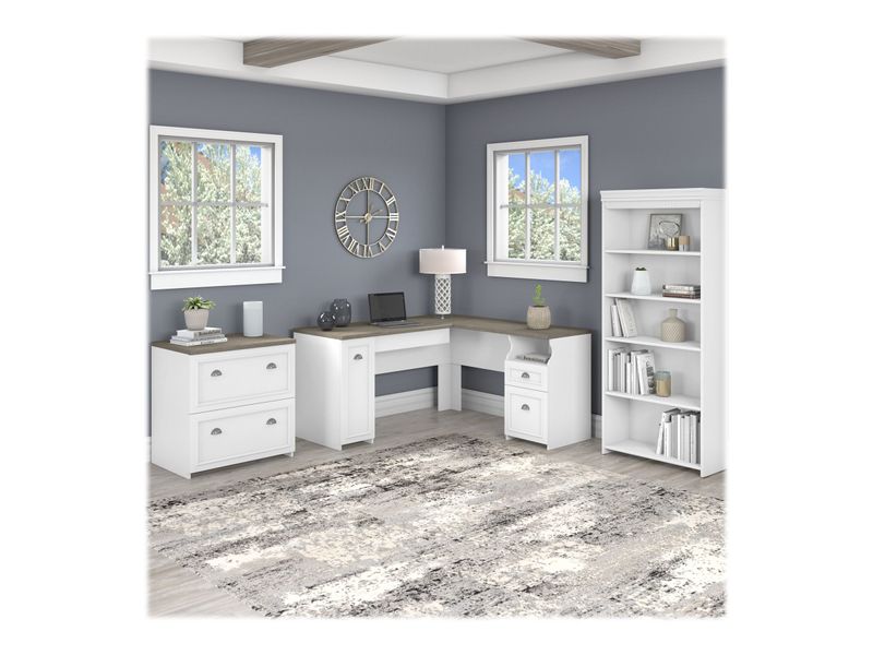 Bush Business Furniture Fairview 60W LShaped Corner Desk With Lateral File Cabinet And 5Shelf Bookcase Shiplap GrayPure White Standard Delivery