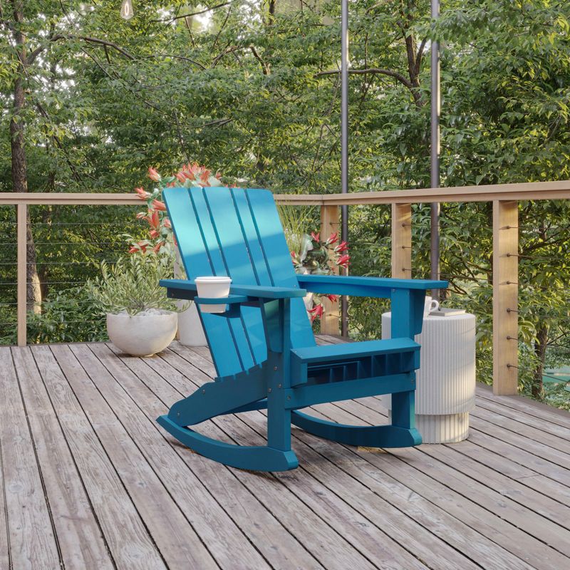 Flash Furniture Halifax AllWeather Adirondack Chair with Cup Holder and PullOut Ottoman Blue