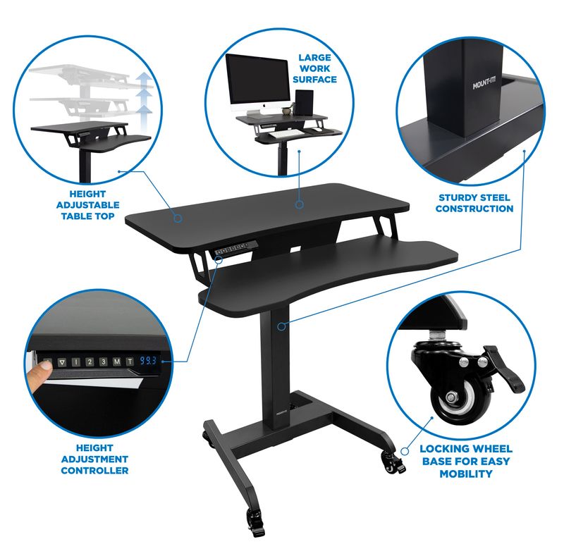 MountIt MI7982 Electric HeightAdjustable Standing Mobile Workstation 31H x 315W x 1475D Black