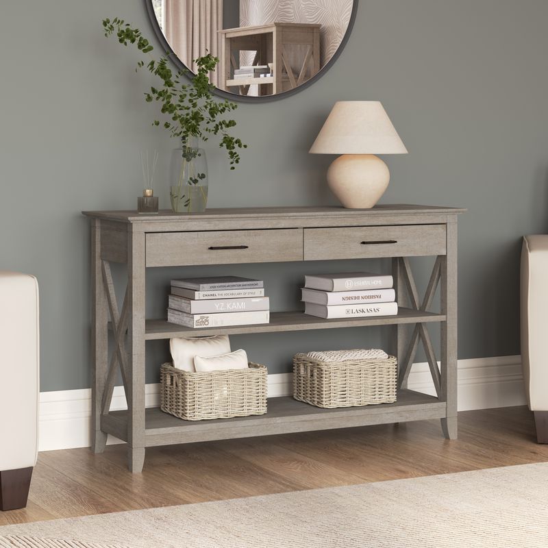 Bush Furniture Key West Console Table With Drawers And Shelves Washed Gray Standard Delivery