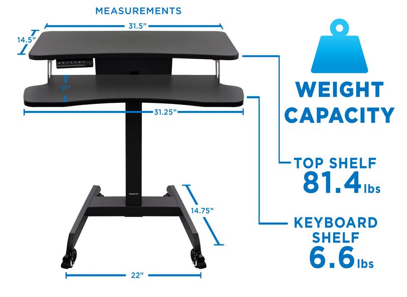 MountIt MI7982 Electric HeightAdjustable Standing Mobile Workstation 31H x 315W x 1475D Black