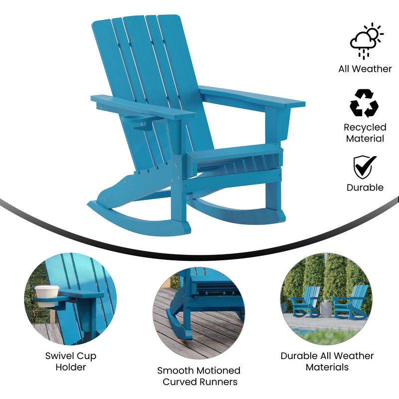 Flash Furniture Halifax AllWeather Adirondack Chair with Cup Holder and PullOut Ottoman Blue