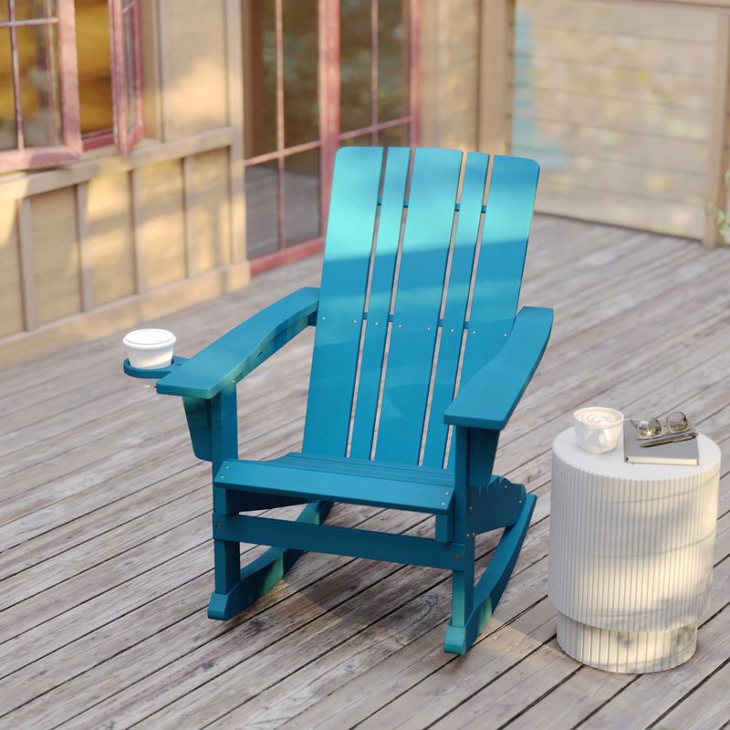 Flash Furniture Halifax AllWeather Adirondack Chair with Cup Holder and PullOut Ottoman Blue