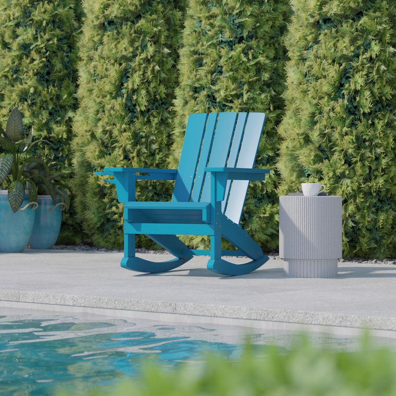 Flash Furniture Halifax AllWeather Adirondack Chair with Cup Holder and PullOut Ottoman Blue
