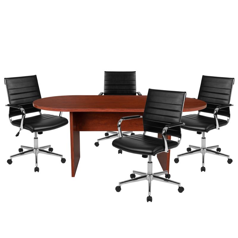 Flash Furniture Oval Conference Table Set with 4 Ribbed Executive Chairs Cherry