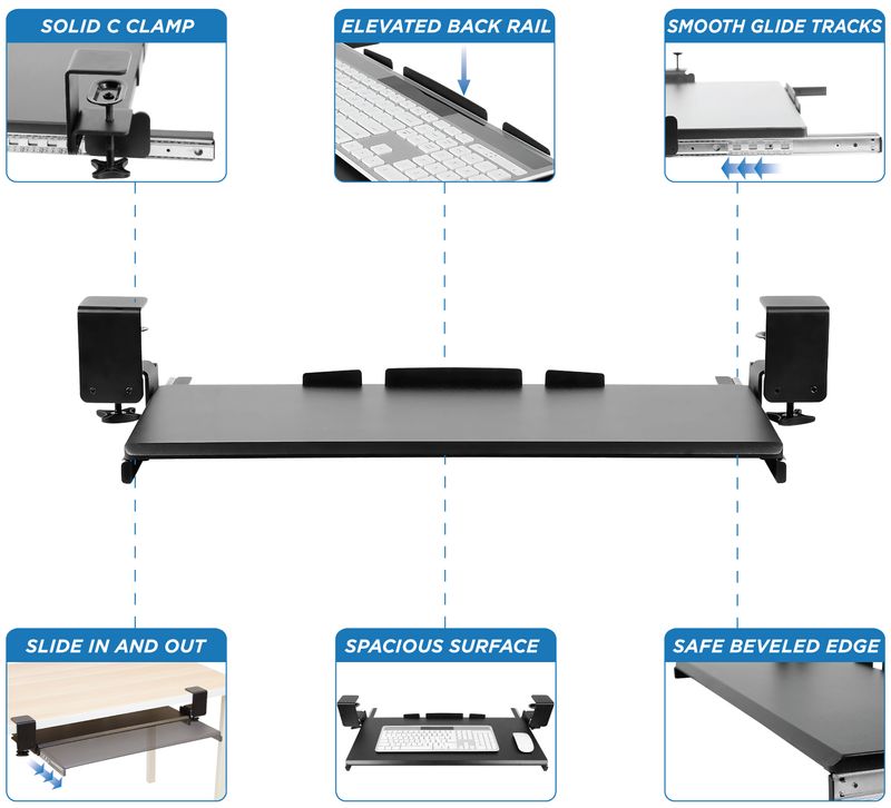 MountIt Clamp Keyboard Tray 12H x 4W x 29D Black MI7143