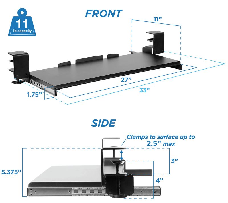 MountIt Clamp Keyboard Tray 12H x 4W x 29D Black MI7143