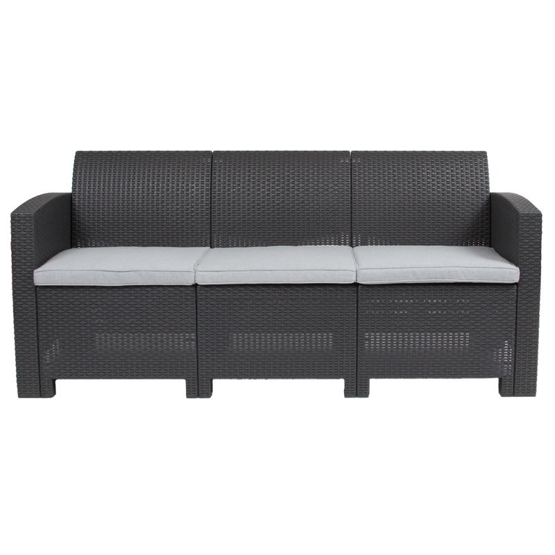 Flash Furniture Faux Rattan Outdoor Sofa With AllWeather Cushions Dark Gray
