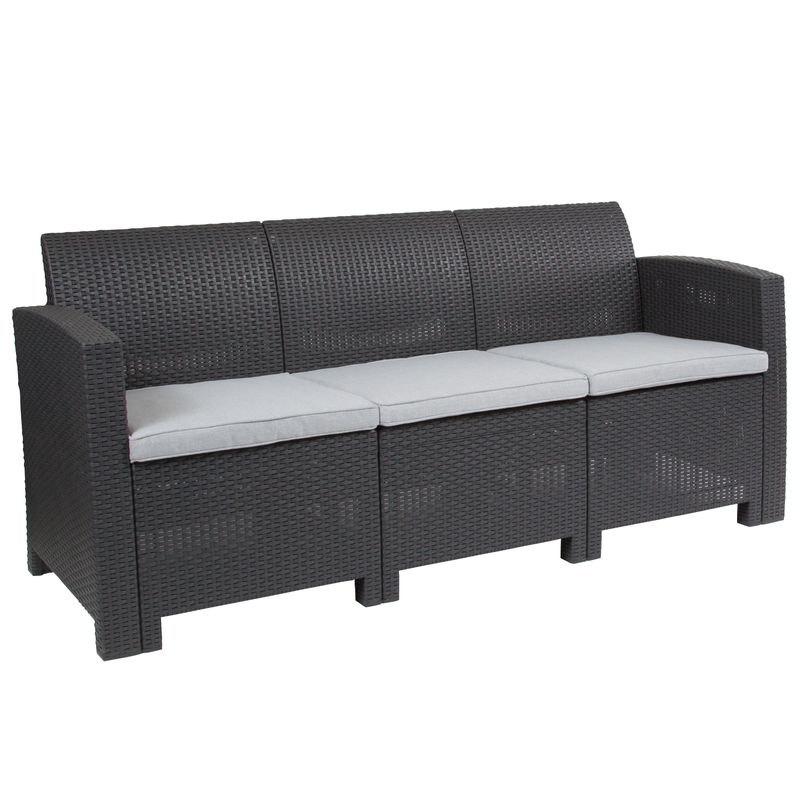 Flash Furniture Faux Rattan Outdoor Sofa With AllWeather Cushions Dark Gray