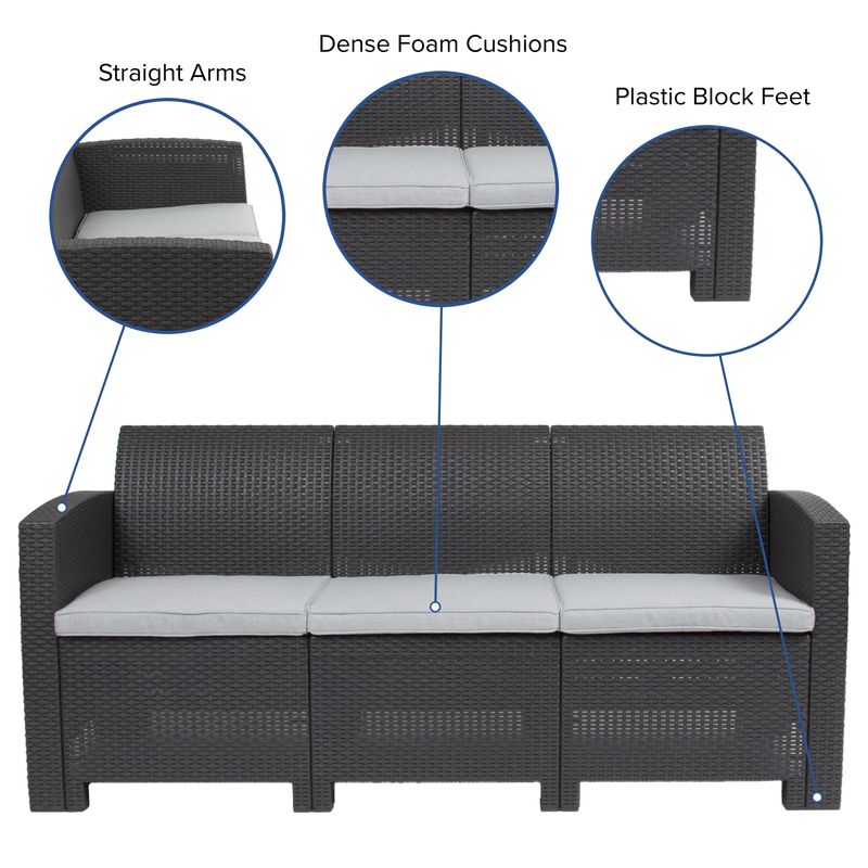 Flash Furniture Faux Rattan Outdoor Sofa With AllWeather Cushions Dark Gray