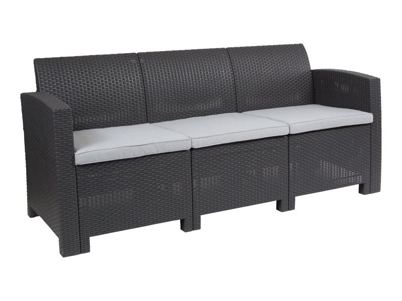 Flash Furniture Faux Rattan Outdoor Sofa With AllWeather Cushions Dark Gray